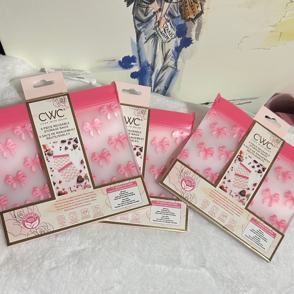 CWC 6 piece reusable pink bow storage bags